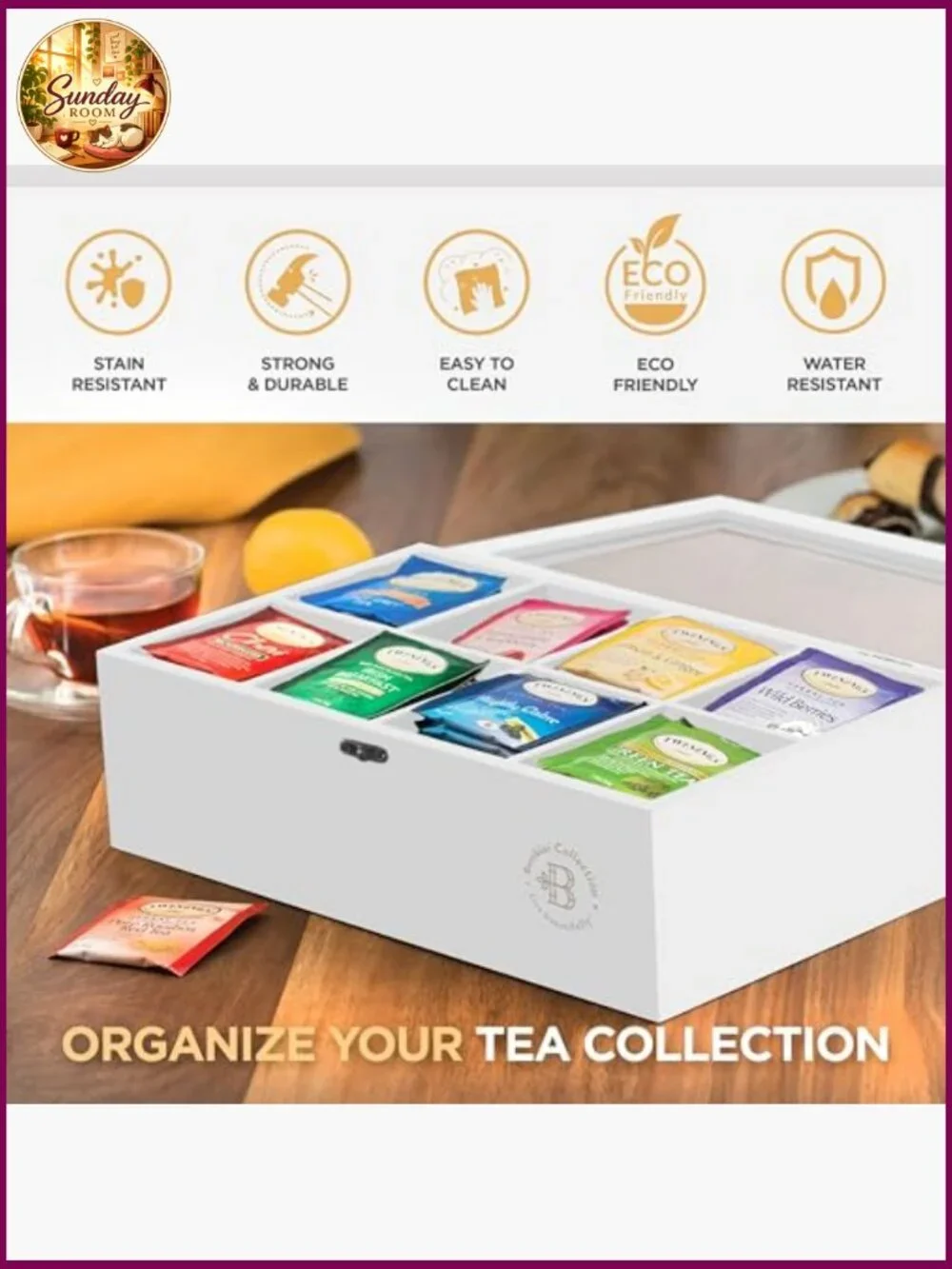 Bamboo Tea Bag Organizer with Drawer, 8-Compartment, Acrylic Lid, Magnetic